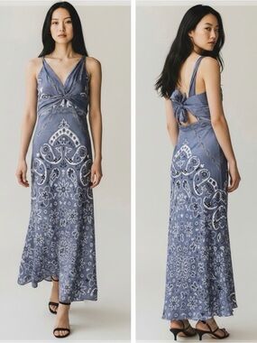 Caroline Constas Women’s Blue Paisley Twist Front Open Back Boho Maxi Dress NEW